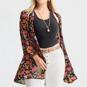 Cabi Mingle Kimono Long Balloon Sleeve Black Multicolor Floral  #6252 Size Small
